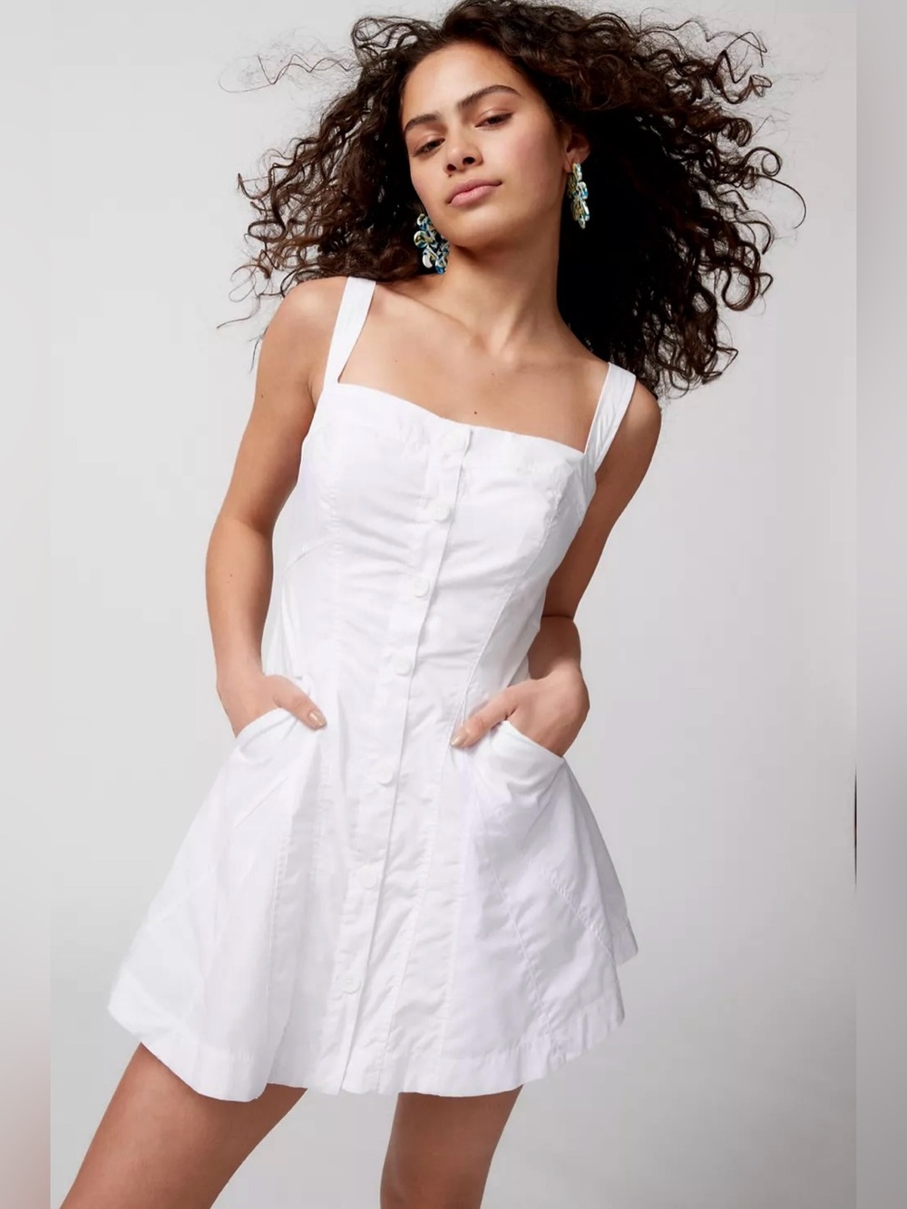 Urban Outfitters UO Teega White Button Front Mini Dress with Pockets, XS